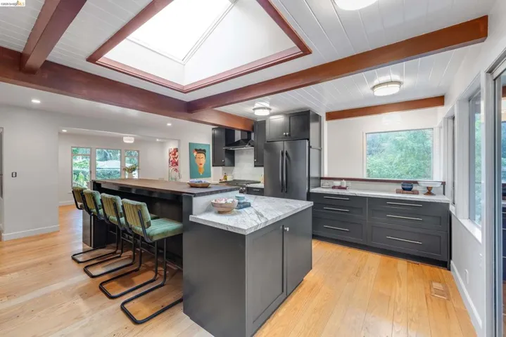 Contemporary kitchen featuring a skylight, wood-finish flooring, dark cabinetry, and multiple windows