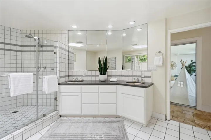 Primary bath with skylight, double custom sinks, separate shower and tub