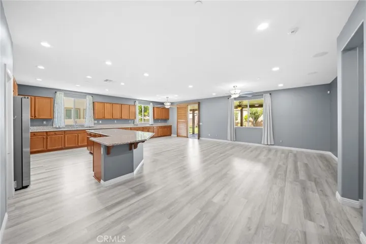 Large open kitchen, dining, family.