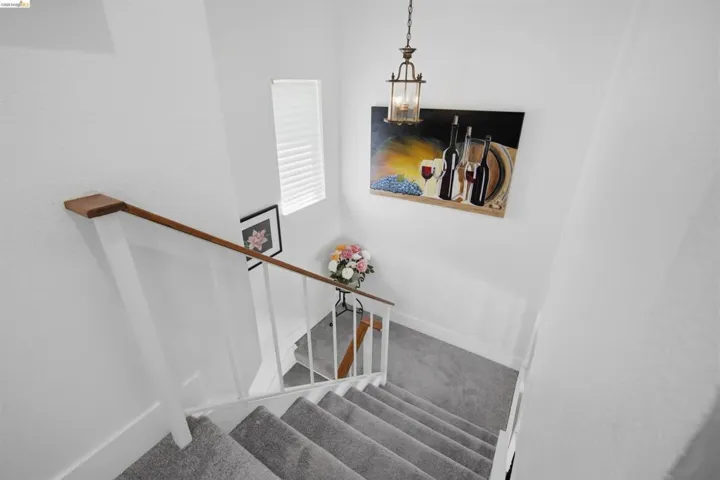 Carpeted staircase with white risers and a wood-finish handrail, illuminated by a hanging metal lantern light fixture