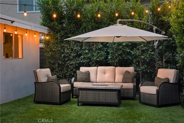 patio area with string lights and ficus hedges
