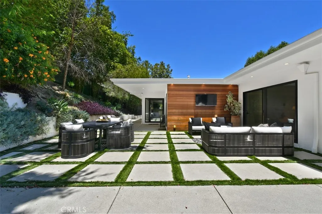 Backyard with multiple seating areas
