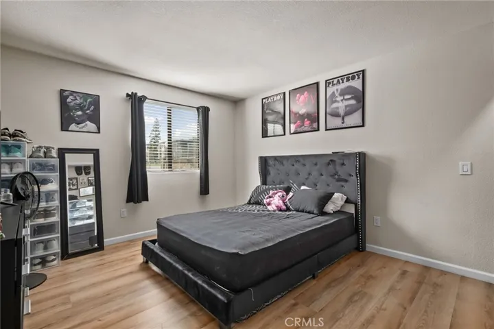 Spacious primary bedroom with wood-look flooring, a large window bringing in natural light, and generous closet space.