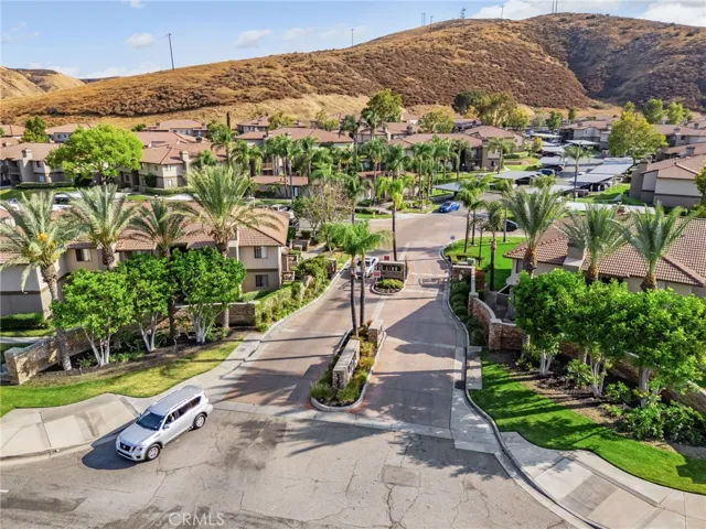 Gated community entrance lined with mature palm trees, manicured landscaping, and stone accent walls. A picturesque tree-lined drive leads into the community, set against a scenic mountain backdrop.