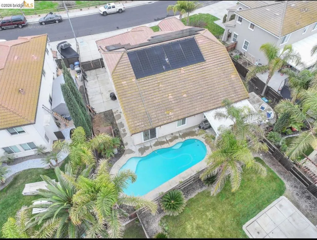 View from above of property with a pool