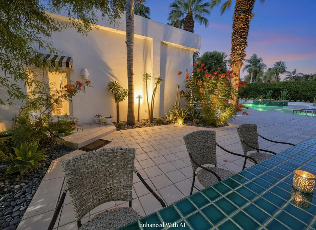 Modern Poolside Patio with Stone Fire