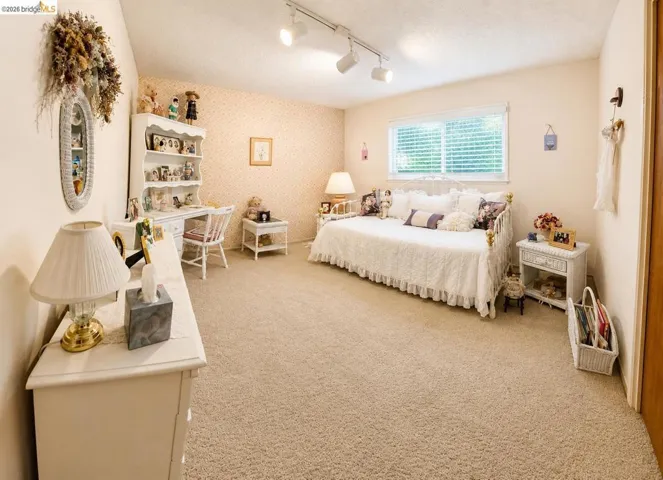 Carpeted interior space featuring a window with horizontal blinds, built-in track lighting, and a neutral color palette