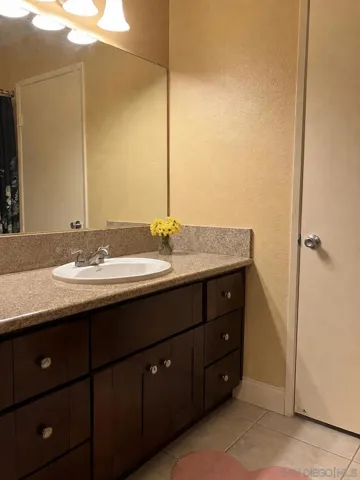 This partial bath has a large cabinet and countertop, and a shower/bathtub