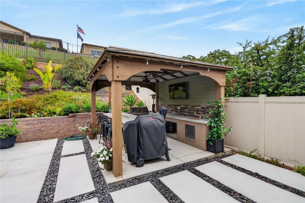 built in bbq area with sink and refrigerator