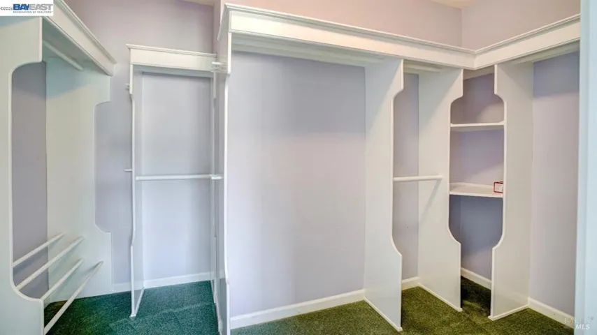 Spacious walk-in closet featuring built-in organizers with multiple hanging areas, shelving, and dedicated storage space to keep clothing, shoes, and accessories neatly arranged.