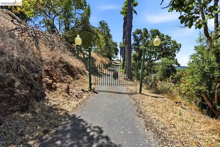 Paved driveway with a decorative iron gate, flanked by an ornamental lamppost