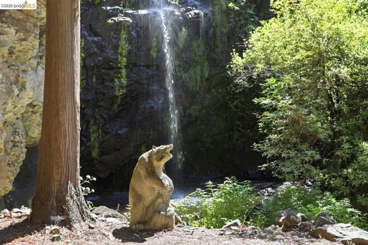 Natural waterfall feature with a rock-faced cliff backdrop, dense green foliage, a redwood tree, and a decorative bear sculpture