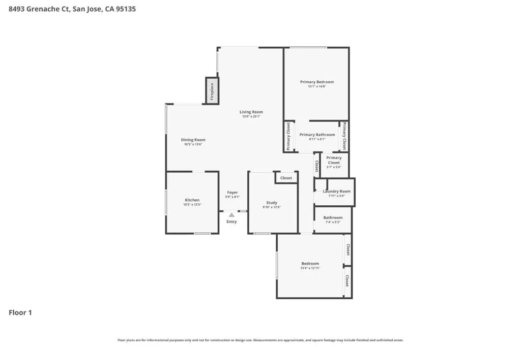 Floor Plan - 8493 Grenache Ct, San Jose.   Floor plan sizes shown are approximate only