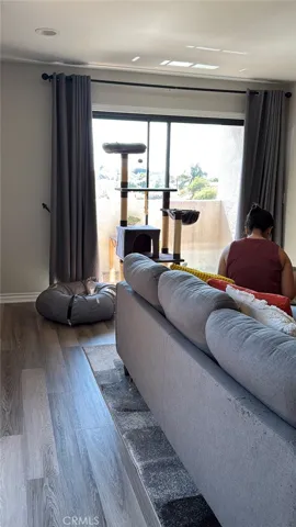 Living room and patio where laundry closet is located