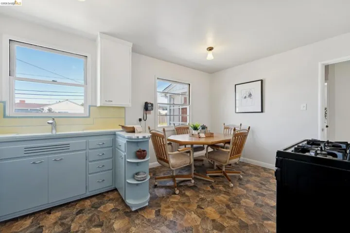 Kitchen featuring light blue lower cabinetry, white upper cabinetry, and a light yellow tiled backsplash