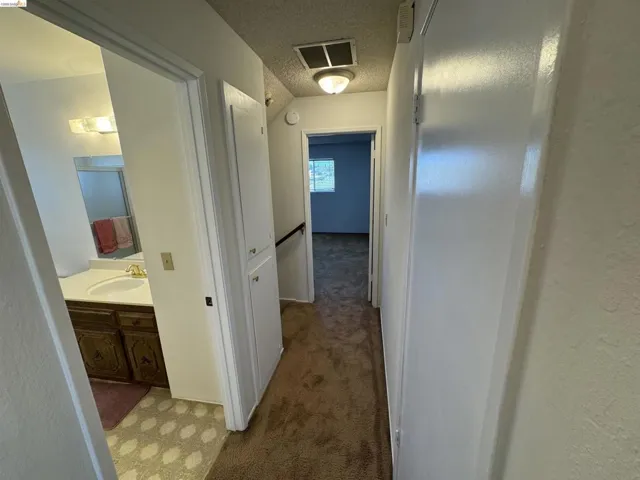 Hallway featuring built-in linen cabinetry, a ceiling-mounted light fixture, and carpet flooring
