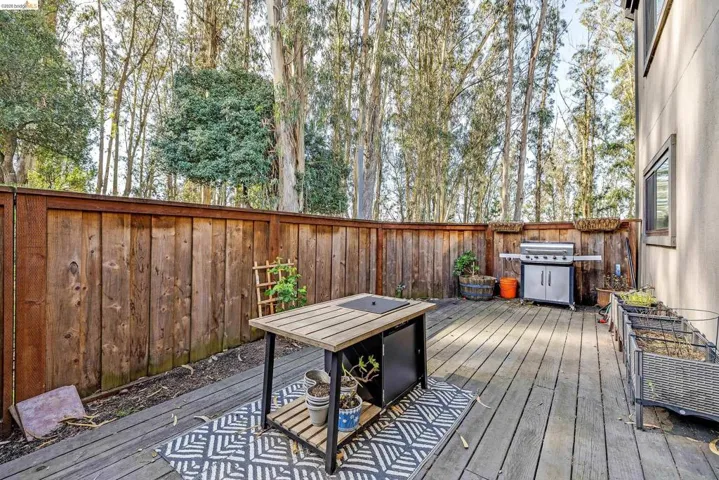 Wooden terrace featuring a fenced backyard and area for grilling
