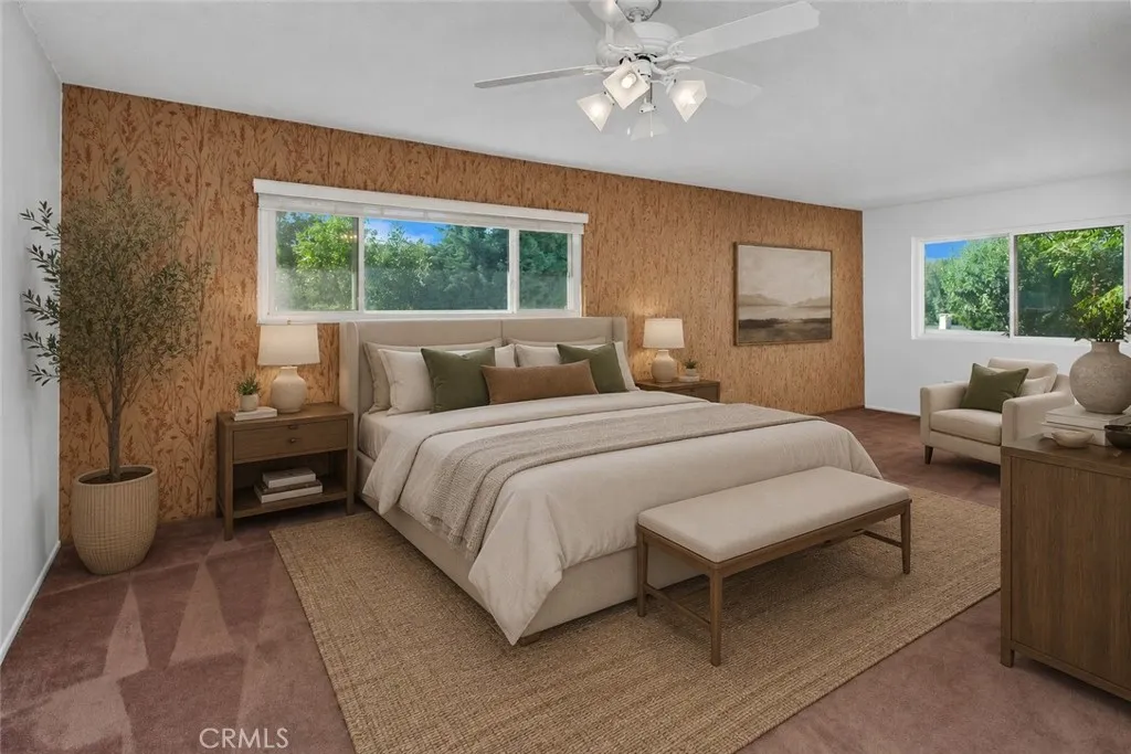 Photo is virtually staged.  Property shows as in previous photo. Upstairs, the generous primary suite offers a peaceful retreat where new vinyl windows frame unobstructed views of the treetops, surrounding hillsides, and West Hills​​‌​​​​‌​​‌‌​​‌​​​‌‌​​​‌​​‌‌​​‌‌​​‌‌​​​​ neighborhoods.