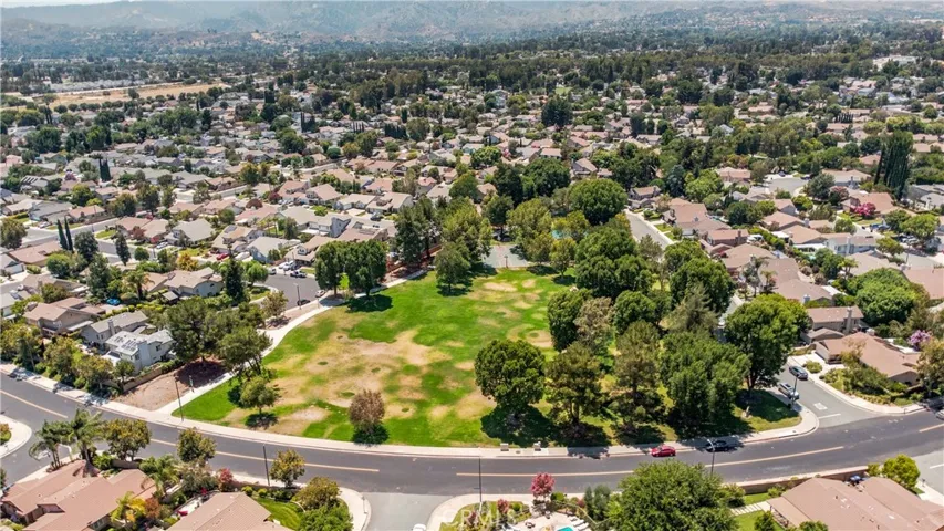 Arial view of neighborhood and park.