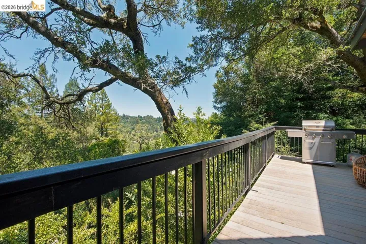 Expansive outdoor deck with composite wood-finish flooring and black metal railings, surrounded by mature trees and natural landscaping