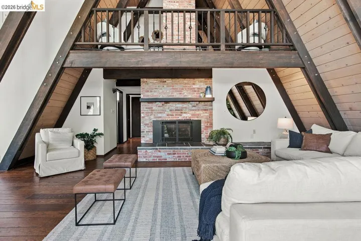 Vaulted A-frame ceiling with exposed wood beams