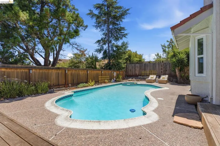 Freeform swimming pool featuring a tiled edge and ample surrounding concrete decking