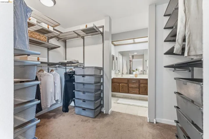 Walk-in closet featuring adjustable shelving, integrated hanging rods, built-in storage baskets, and carpeted flooring