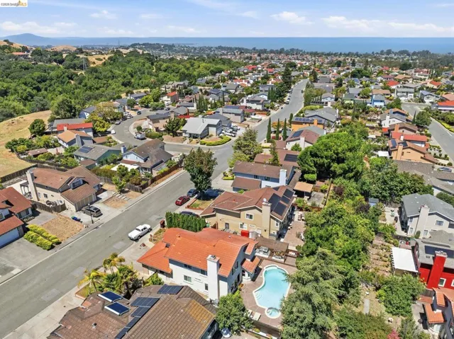 Aerial overview of a residential neighborhood with varied architectural styles and mature landscaping