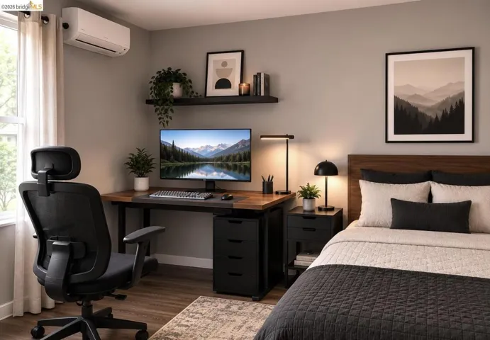 Versatile room featuring wood-finish flooring, a contemporary wall-mounted air conditioning unit, and a built-in wall shelf