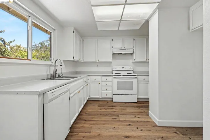 Kitchen featuring white cabinetry, white appliances, a double basin sink with a gooseneck faucet, light-toned countertops, and wood-finish flooring