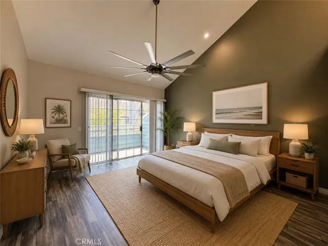 Large Primary Bedroom suite with private balcony.  Digitally staged photo