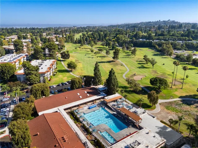 Aerial view of the pool complex and adjacent golf course