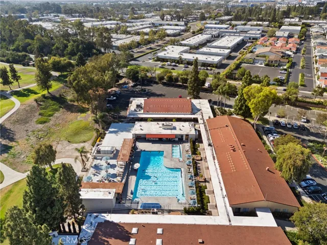 Aerial view of the community pool and surrounding facilities