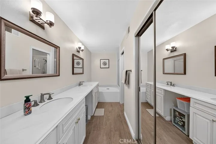 Primary bathroom featuring a dual-sink vanity and two closets