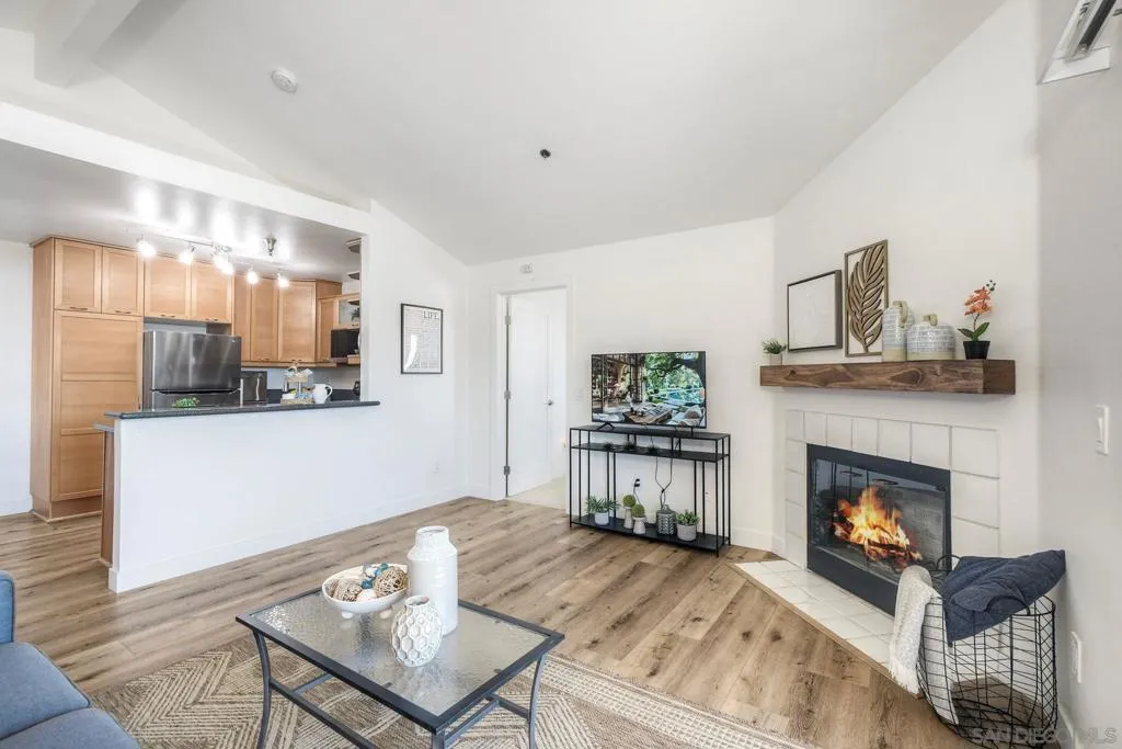 Spacious family room with cozy fireplace