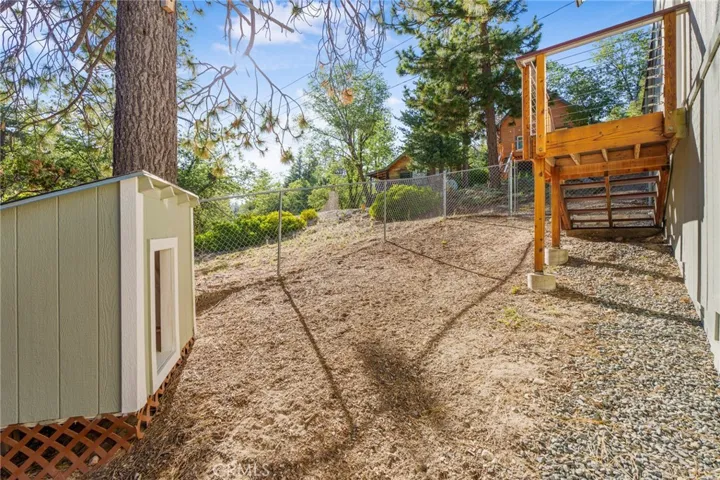 Fenced yard with dog house
