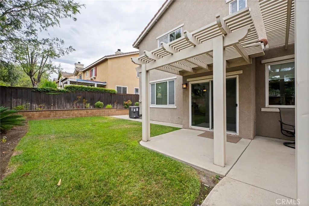 Private backyard featuring a covered patio and lush green lawn.