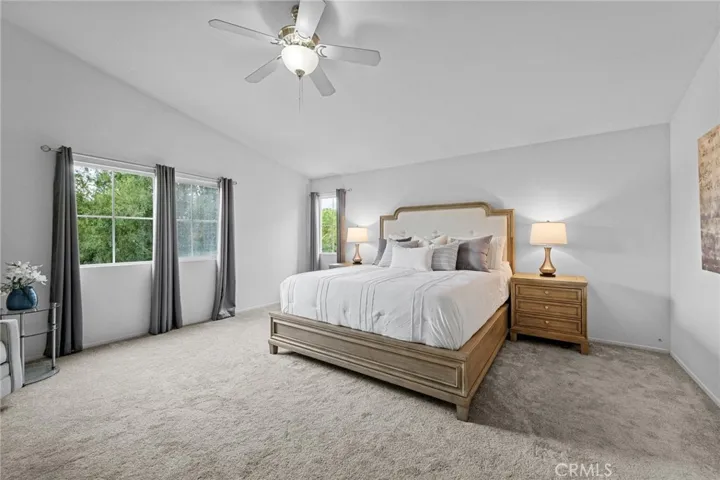 Spacious primary suite in the northwest corner, filled with natural light and plush carpet.