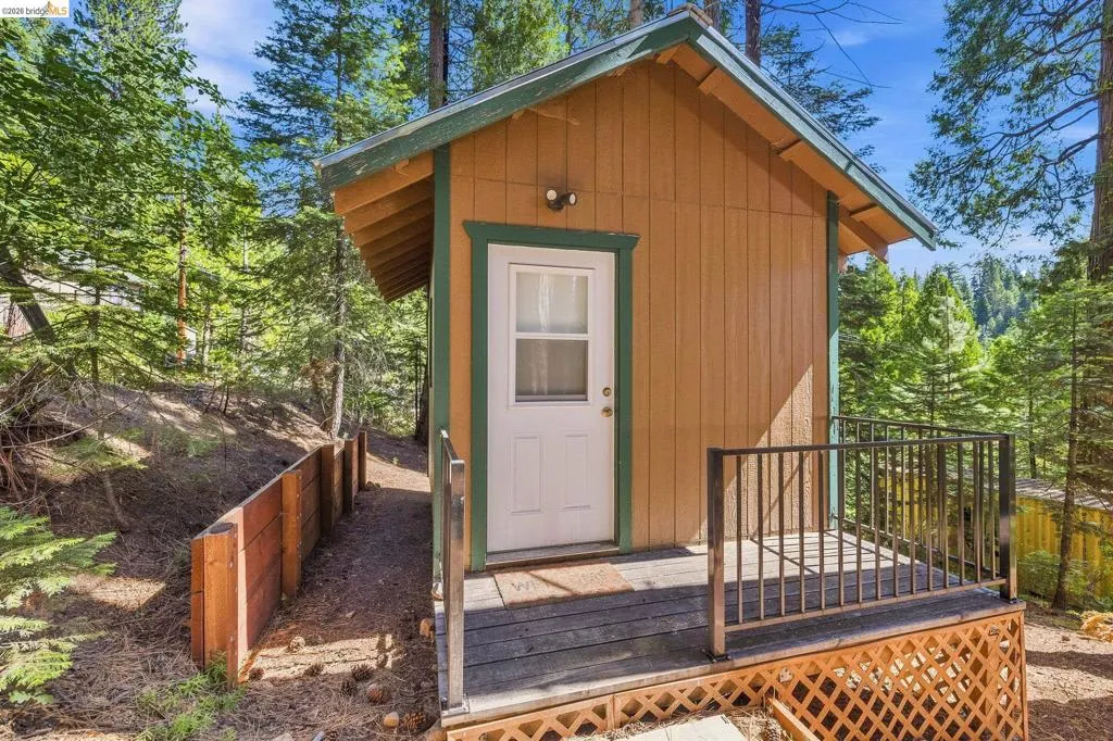 Compact outdoor structure featuring a wood-plank siding exterior with a contrasting green trim