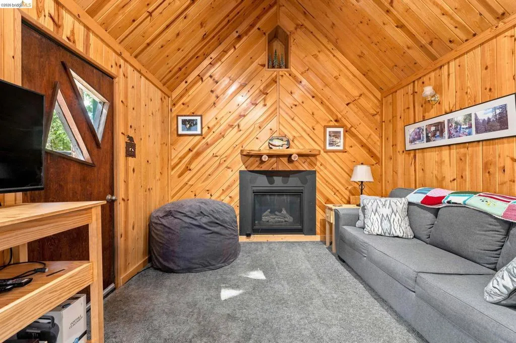 Living area featuring extensive natural wood paneling throughout, a vaulted ceiling, and gray carpeting