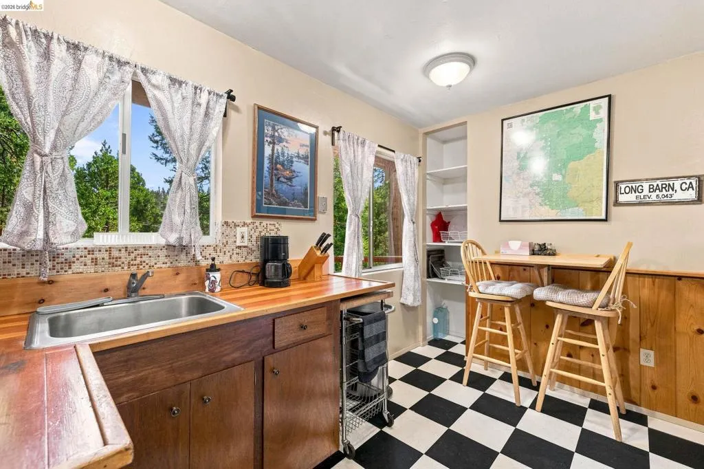 Kitchen featuring wood-finish countertops, wood-paneled wainscoting, and checkerboard flooring