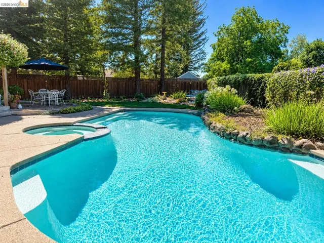 Resort-style backyard featuring a sparkling swimming pool with integrated spa, concrete decking, mature trees, and privacy fencing