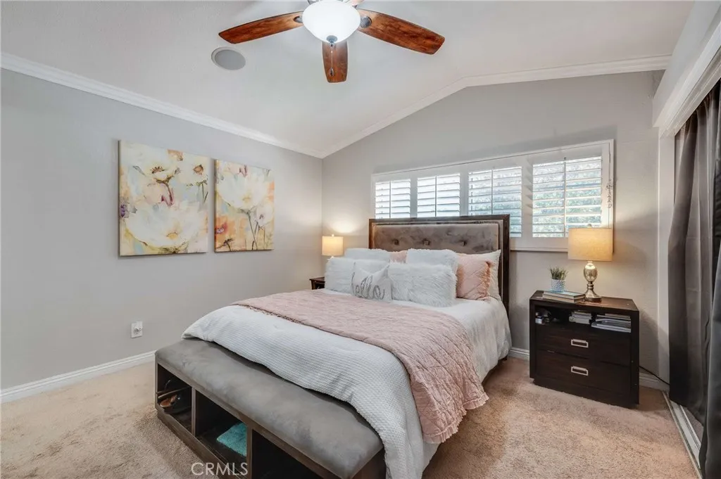 Beautiful Primary Bedroom with En Suite Full Bathroom, High Ceilings, Crown Molding, Ceiling Fan and tons of Closet Space