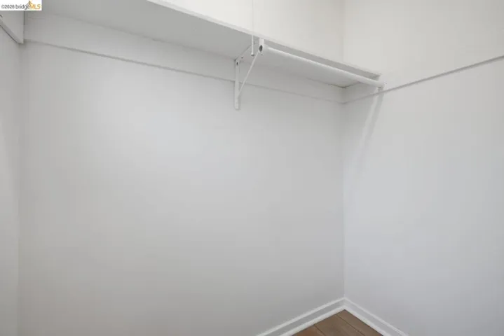 Walk-in closet with white walls, wood-finish flooring, and built-in shelving and hanging rod