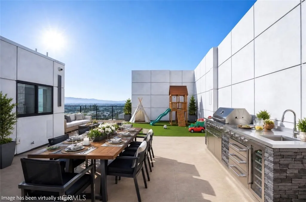 Outdoor furniture and landscaping have been virtually staged.