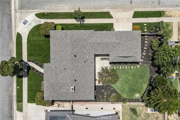 Bird's-eye view of the roofline and private backyard layout