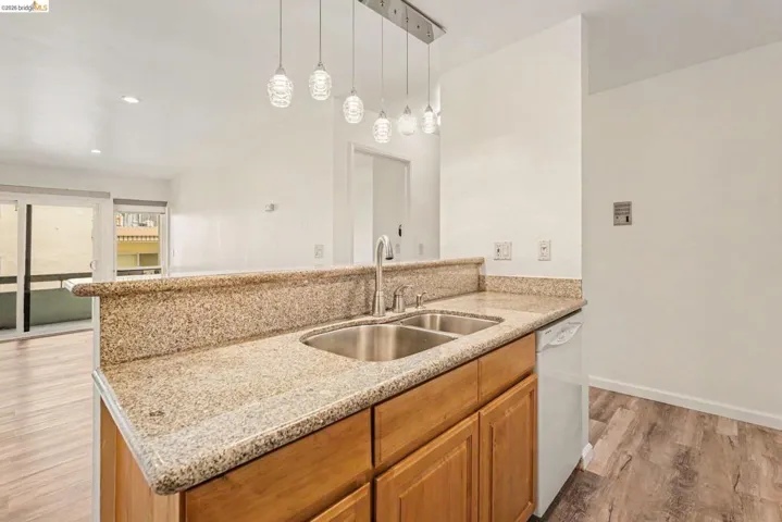 Kitchen featuring granite countertops, wood cabinetry, a dual basin stainless steel sink, and a built-in dishwasher
