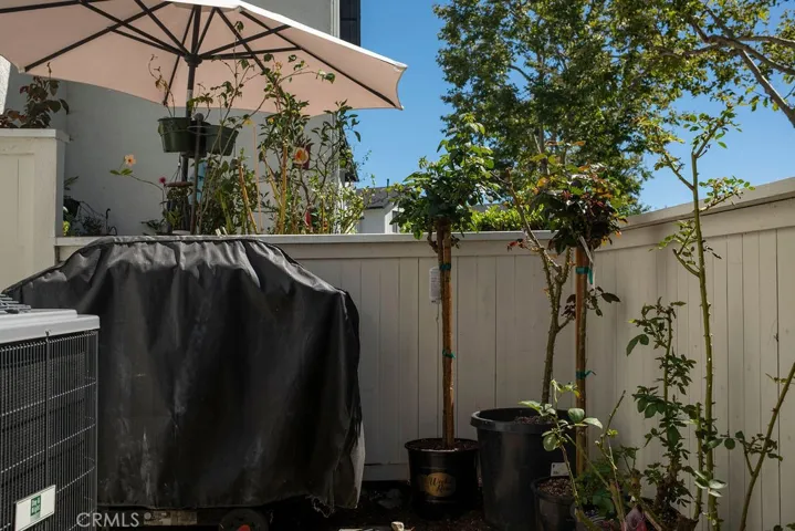 Sunny patio view showing updated AC condenser/compressor, included barbeque. Note: Potted plants belong to neighbor.