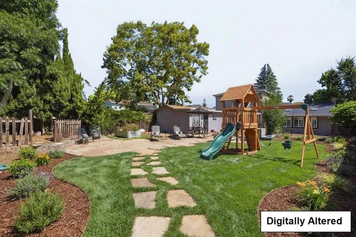 AI/Virtual rendering of backyard with play structure and landscaping.