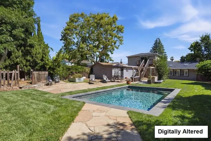 AI/Virtual rendering of backyard with pool and landscaping.